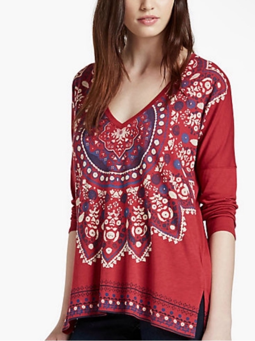 Lucky Brand Top Small Med Boho Lightweight Burnout Y2K Look Red Medallion